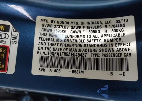 2010 Honda Civic Ex from USA, damaged, VIN 19XFA1F85AE045437